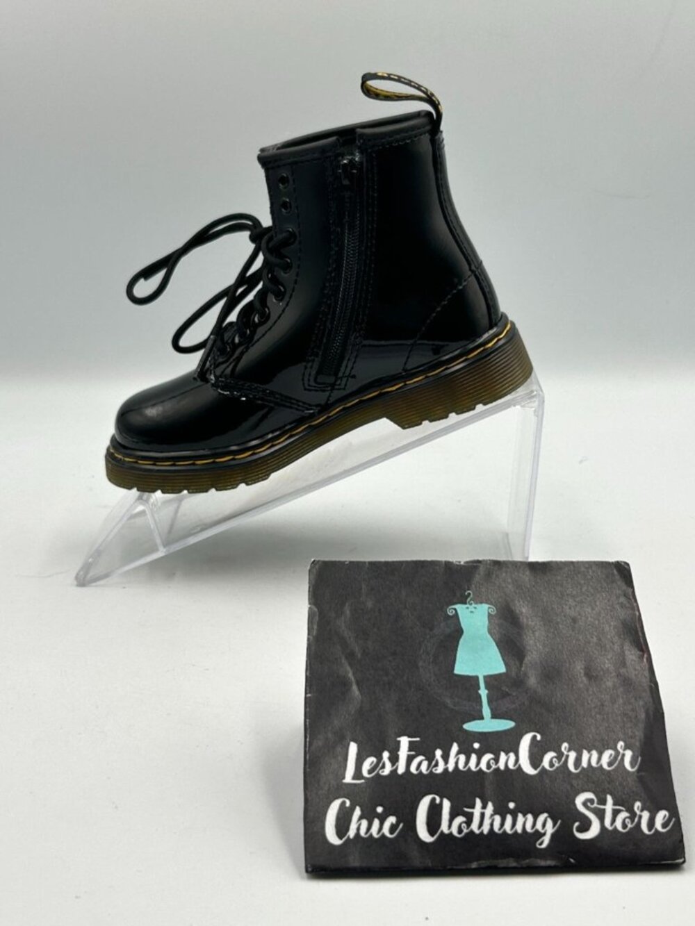 NWOB Dr. Martens Kids Black Patent Leather 1460 T Lace-Up Combat Boots Sz 9 3276 - Picture 15 of 16
